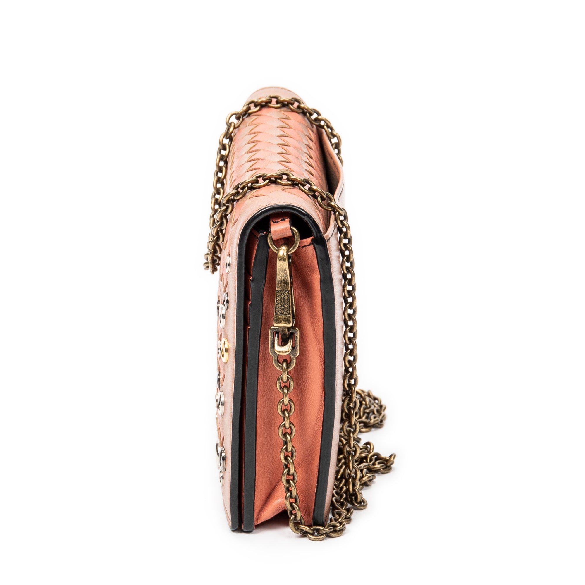 Shoulder Bag Flap Wallet on Chain Orange Embellished Trimmed Intrecciato Leather