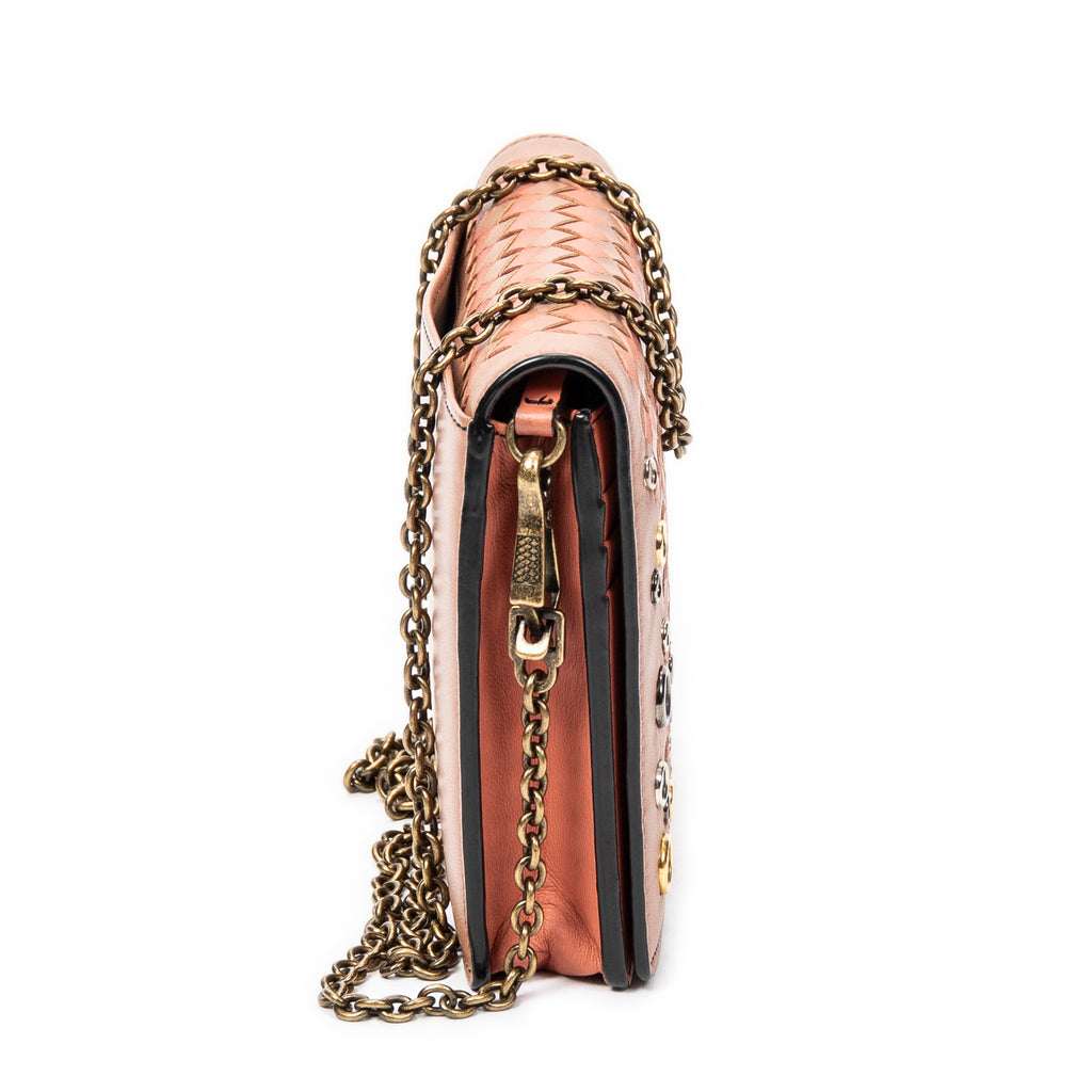 Bolso de hombro Cartera con solapa y cadena Naranja Ribete adornado de cuero Intrecciato