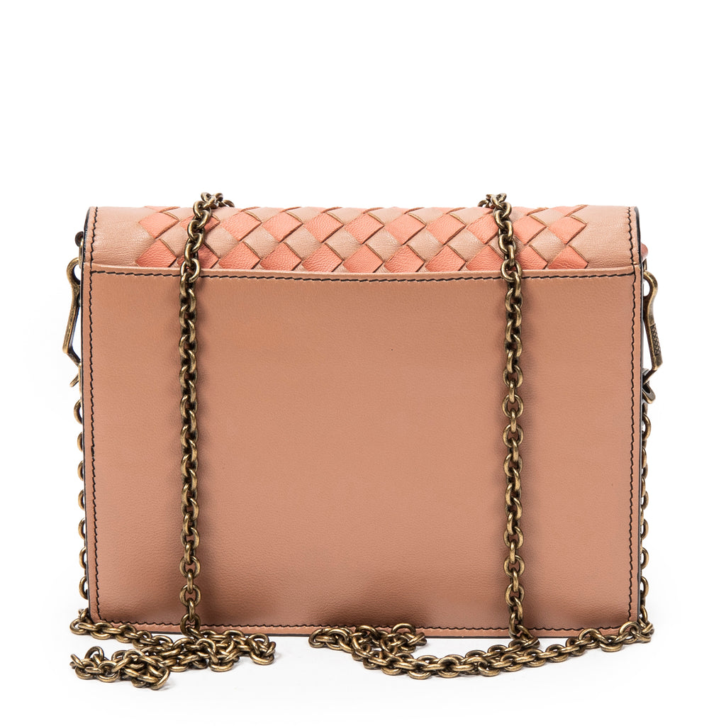 Bolso de hombro Cartera con solapa y cadena Naranja Ribete adornado de cuero Intrecciato