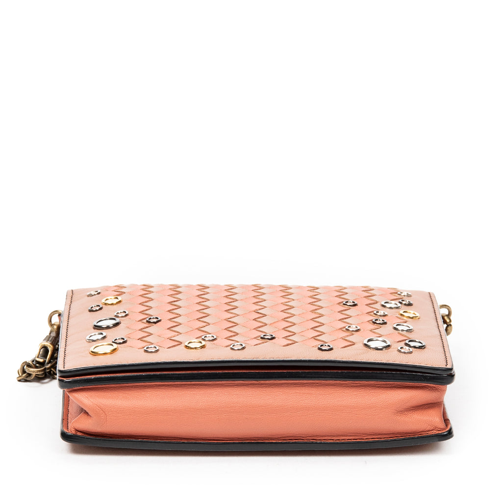Bolso de hombro Cartera con solapa y cadena Naranja Ribete adornado de cuero Intrecciato