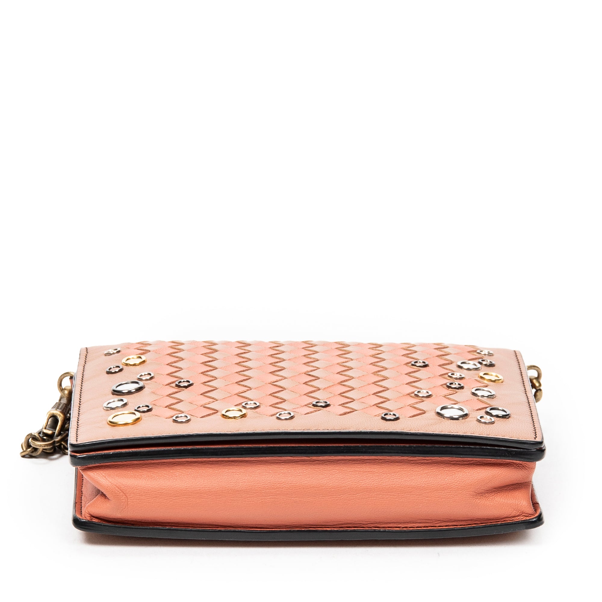 Bolso de hombro Cartera con solapa y cadena Naranja Ribete adornado de cuero Intrecciato