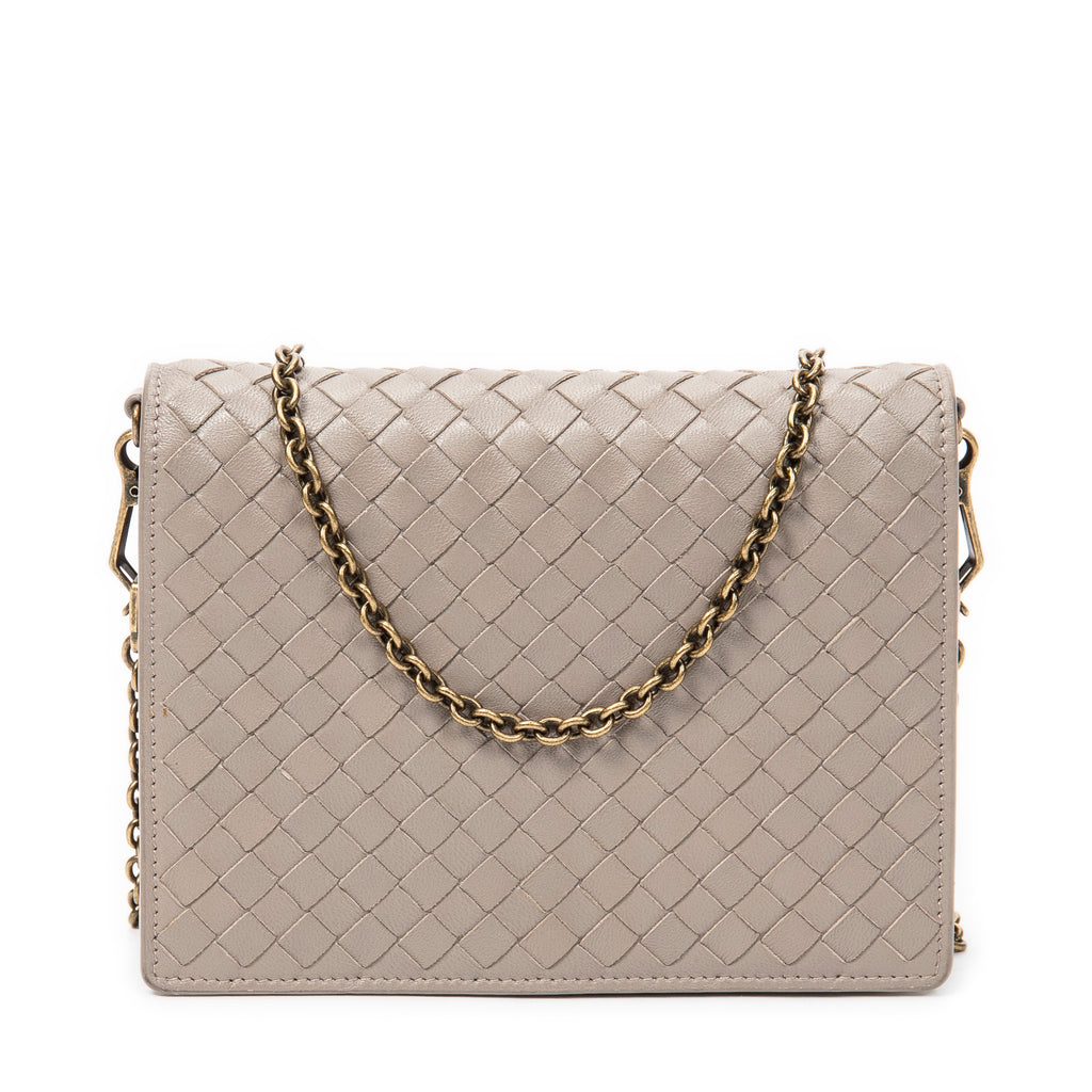 Shoulder Bag Flap Wallet on Chain Grey Intrecciato Leather