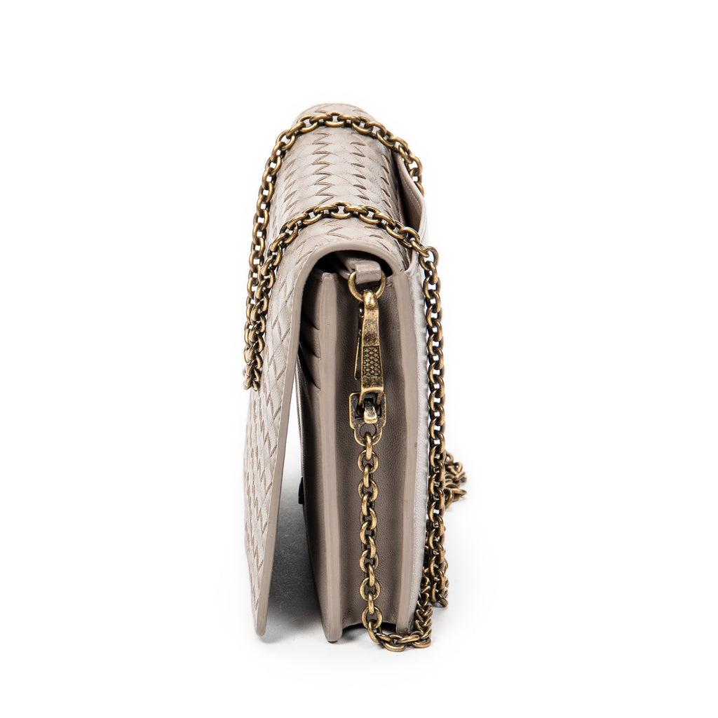 Shoulder Bag Flap Wallet on Chain Grey Intrecciato Leather