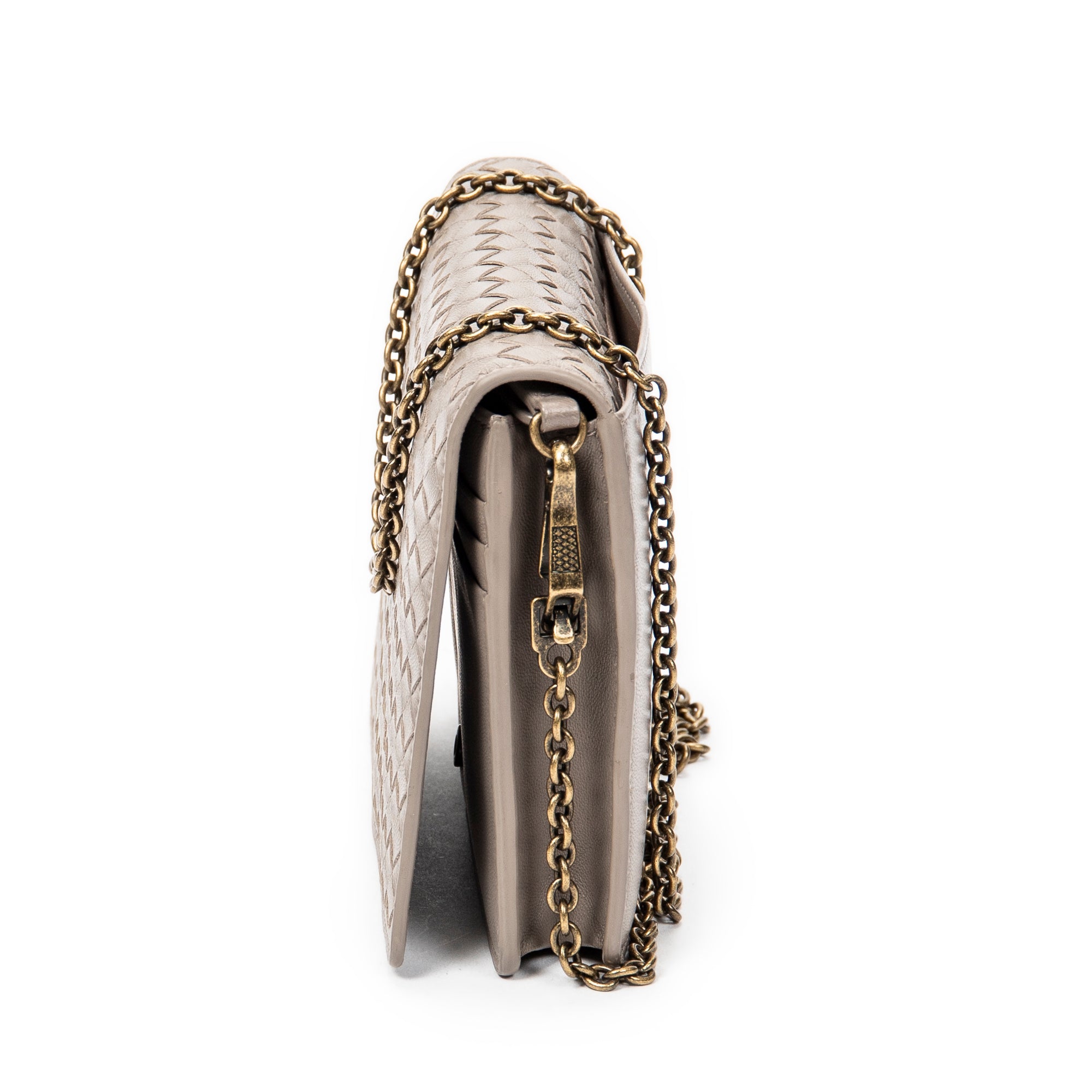 Shoulder Bag Flap Wallet on Chain Grey Intrecciato Leather
