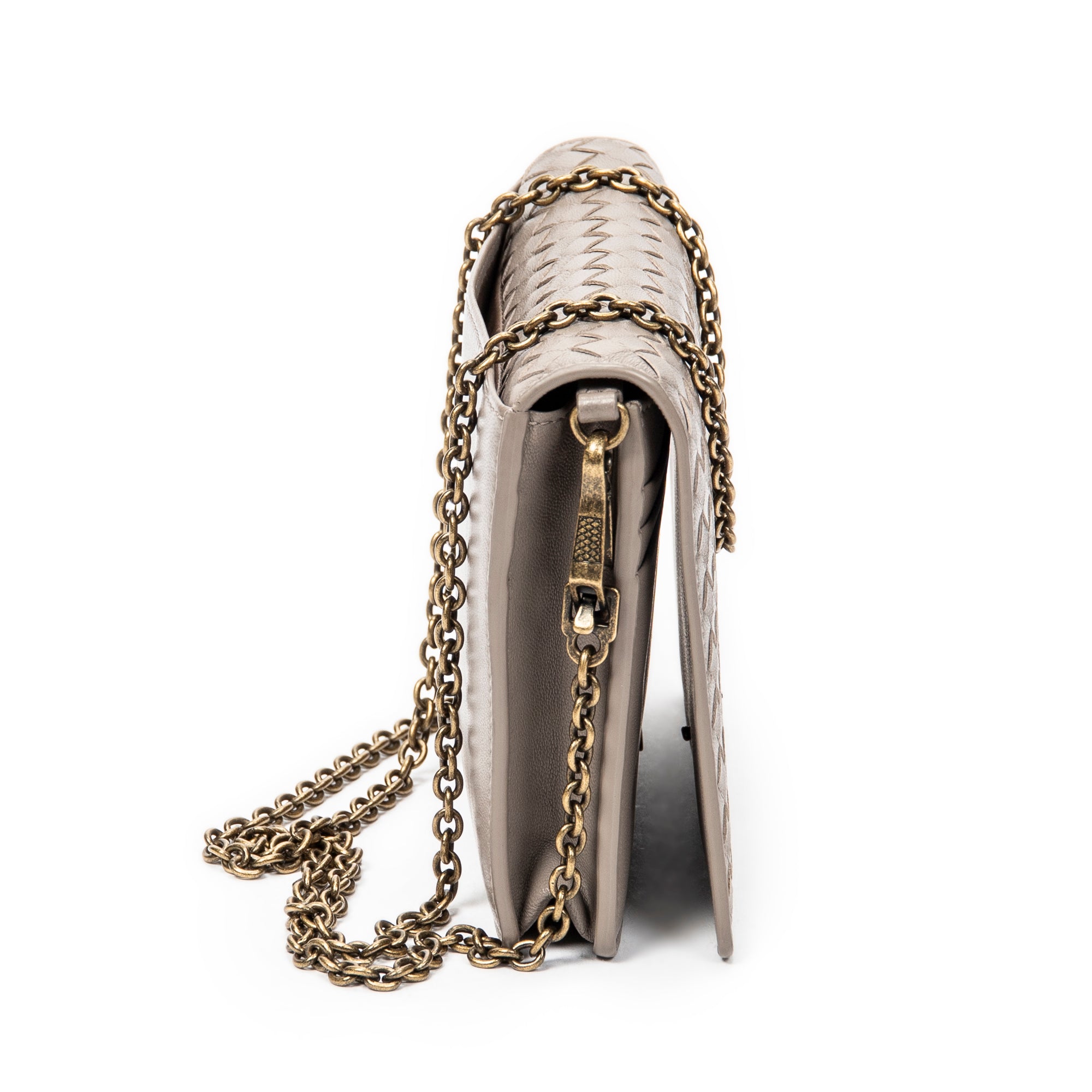 Shoulder Bag Flap Wallet on Chain Grey Intrecciato Leather