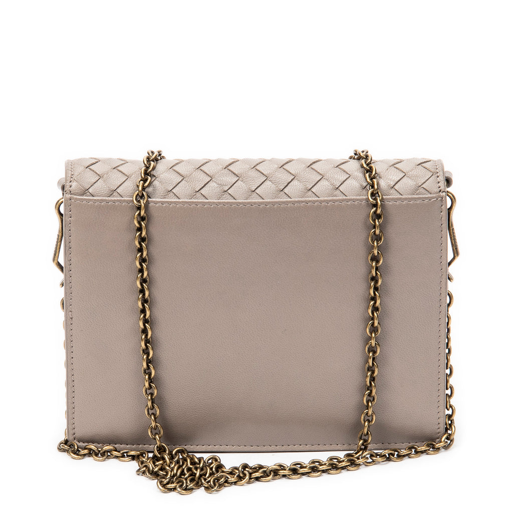 Shoulder Bag Flap Wallet on Chain Grey Intrecciato Leather