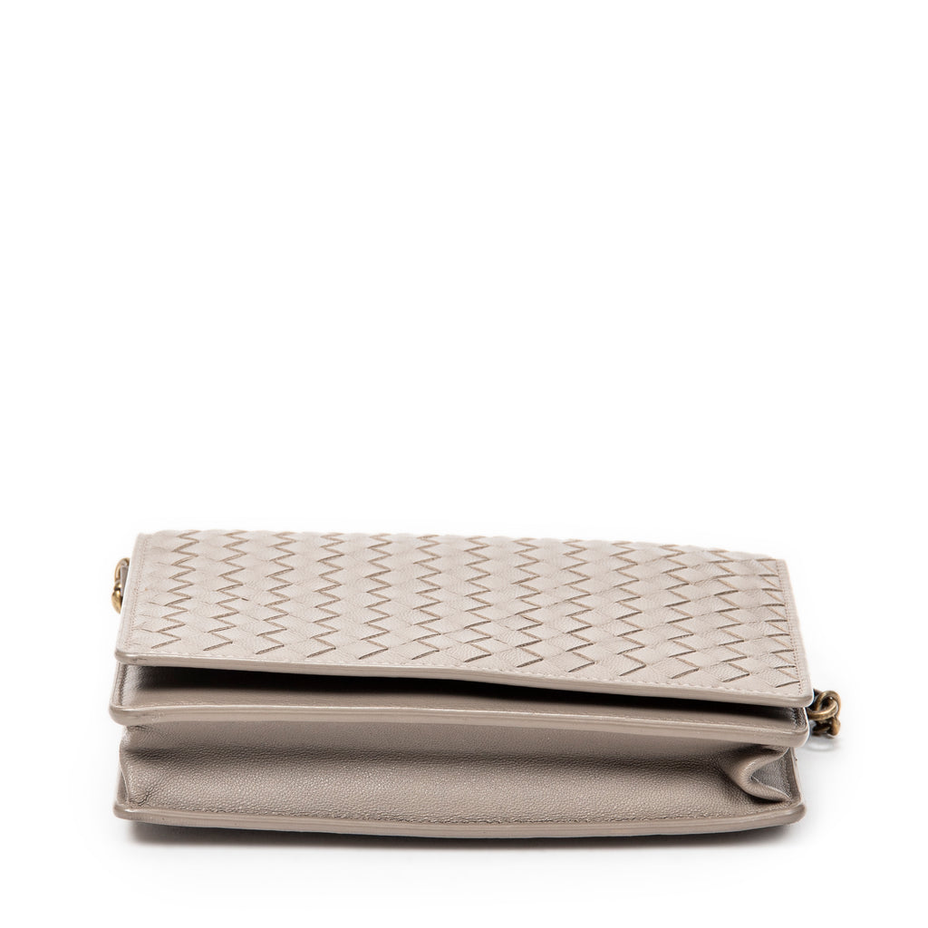Shoulder Bag Flap Wallet on Chain Grey Intrecciato Leather