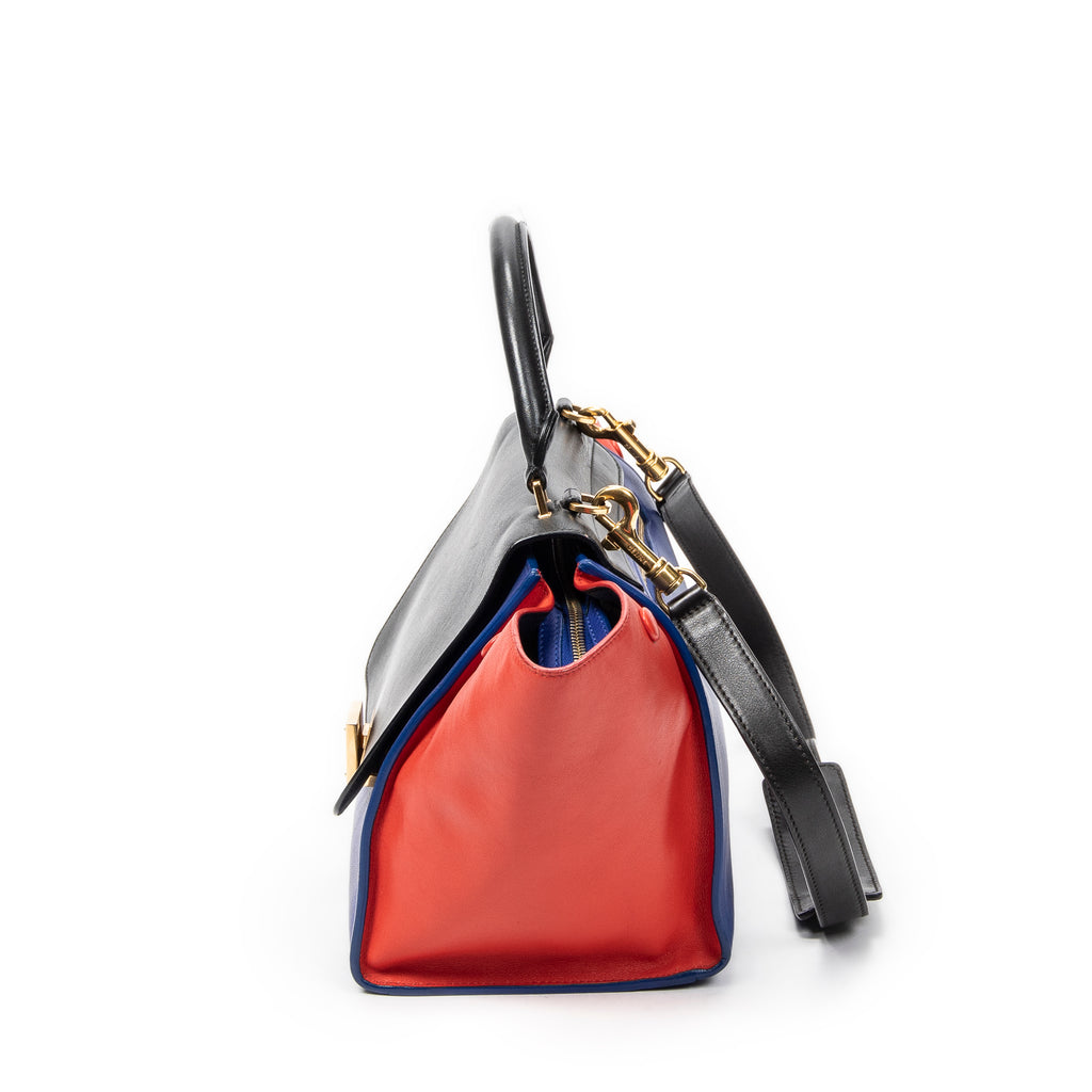 Bandolera Pequeña Tricolor Trapecio de Piel de Becerro Azul