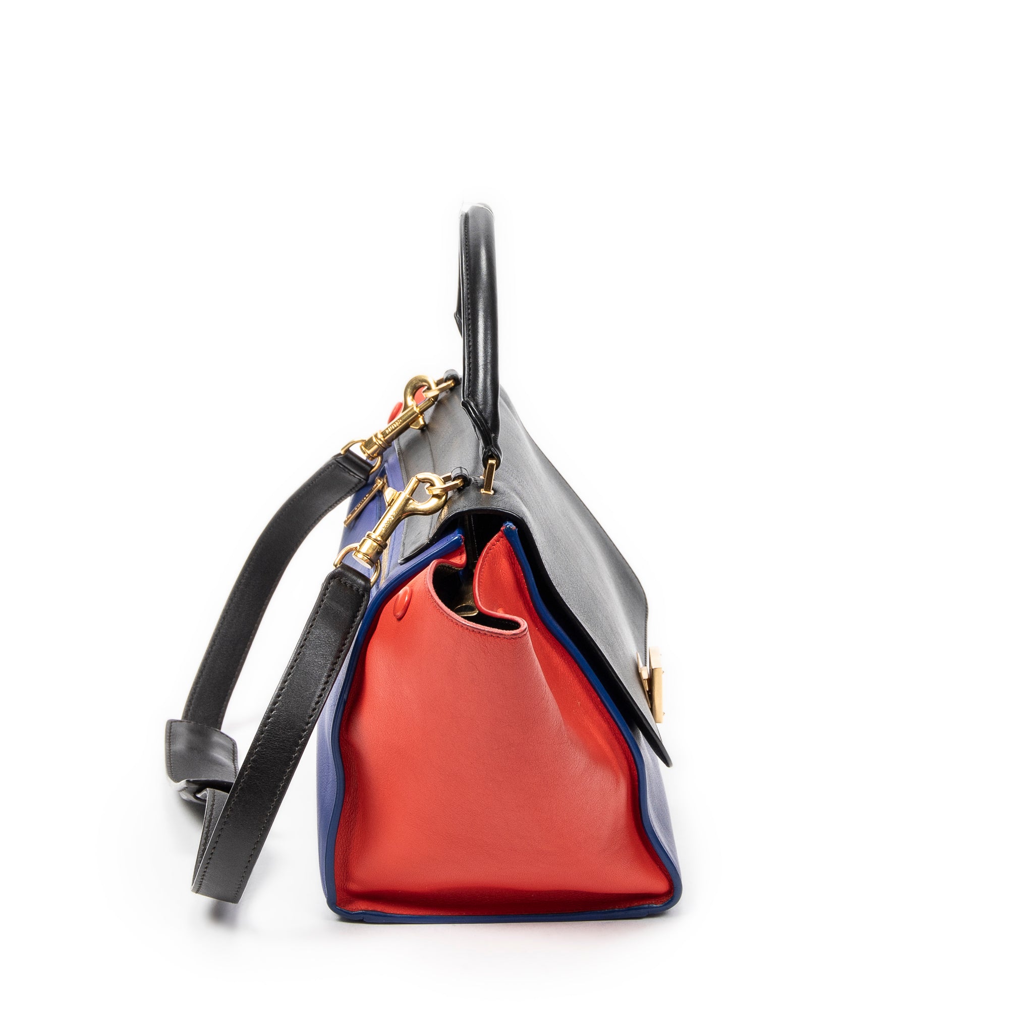 Shoulder Bag Small Tricolor Trapeze Blue Calfskin Leather