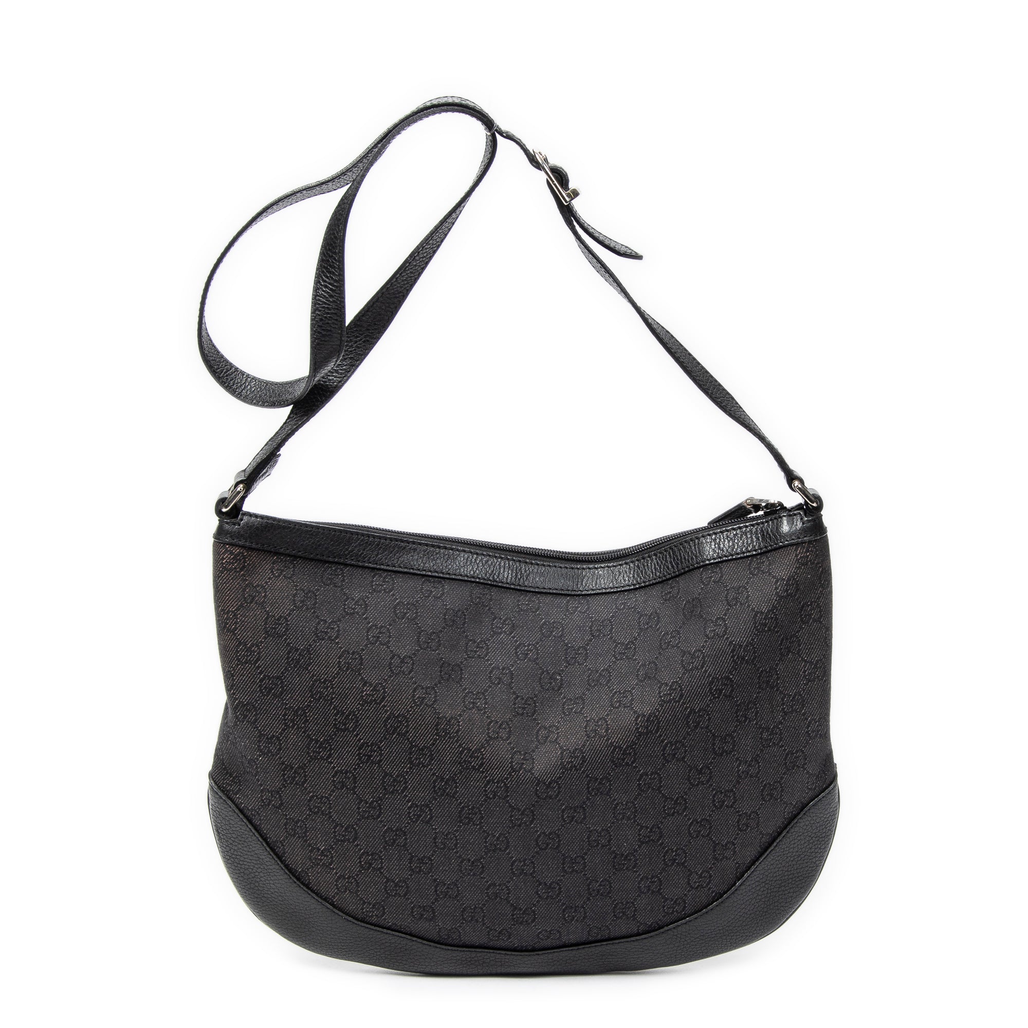 Bolso de hombro Messenger de media luna de lona vaquera negra con monograma
