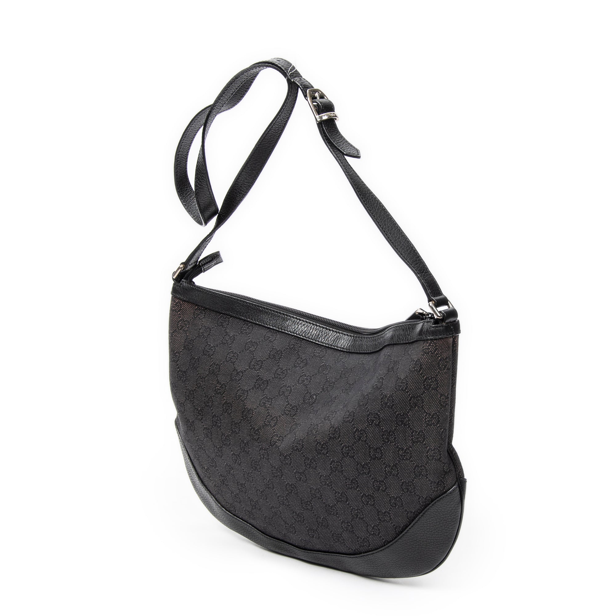 Bolso de hombro Messenger de media luna de lona vaquera negra con monograma