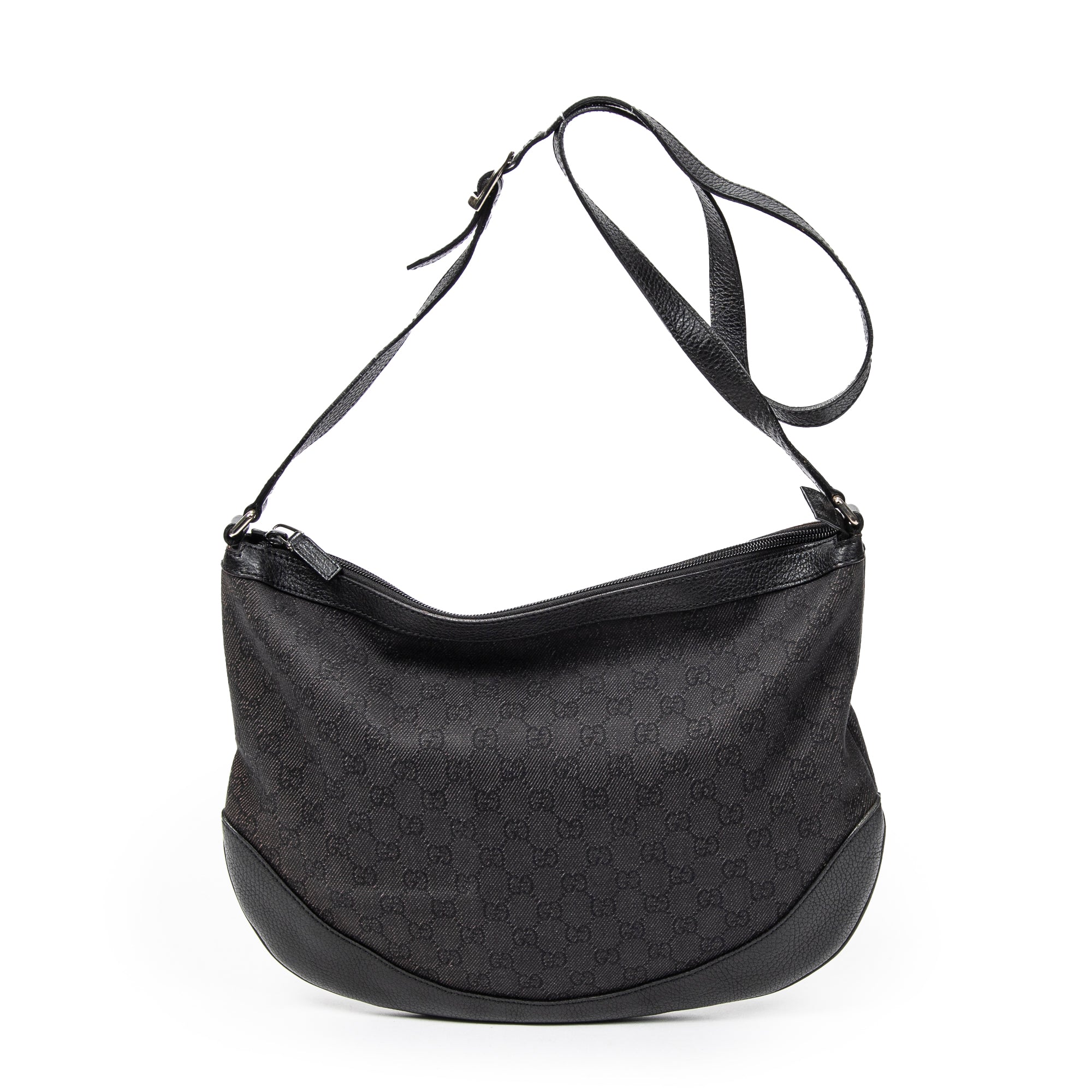 Bolso de hombro Messenger de media luna de lona vaquera negra con monograma