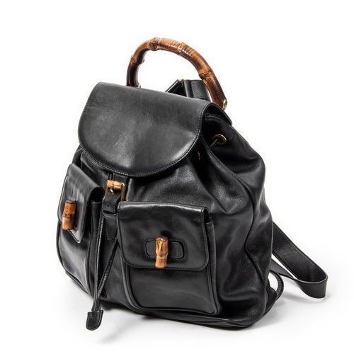 Backpack Large Bamboo Backpack Black Smooth Calfskin Leather