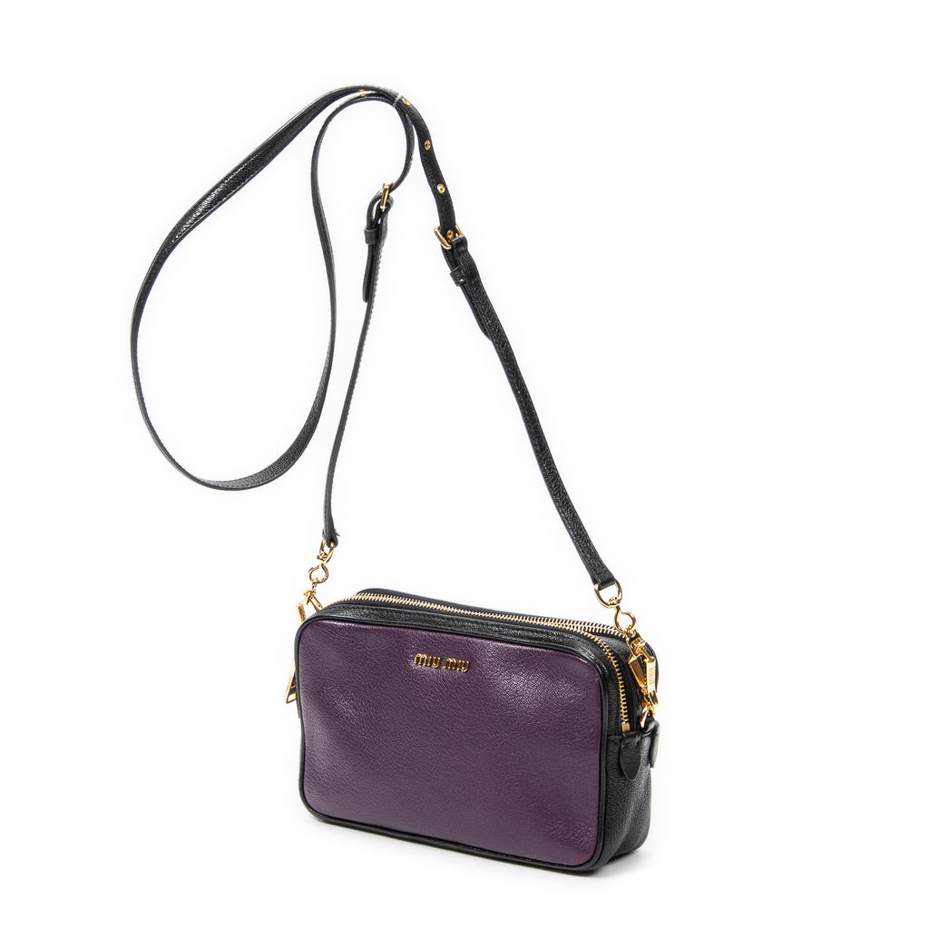 Shoulder Bag Bicolor Double Zip Camera Crossbody Purple Goatskin Leather