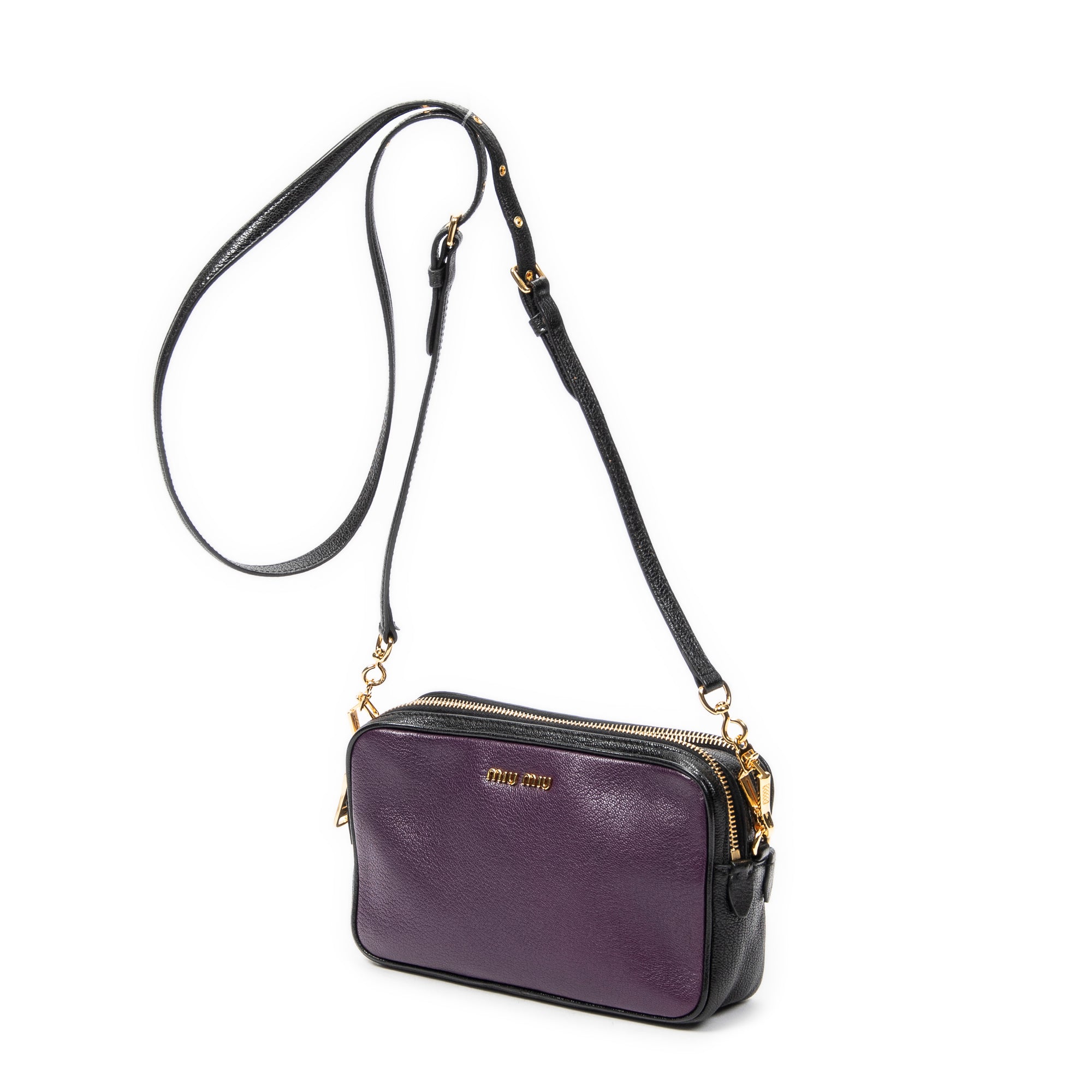 Shoulder Bag Bicolor Double Zip Camera Crossbody Purple Goatskin Leather