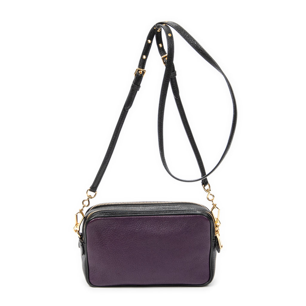 Shoulder Bag Bicolor Double Zip Camera Crossbody Purple Goatskin Leather