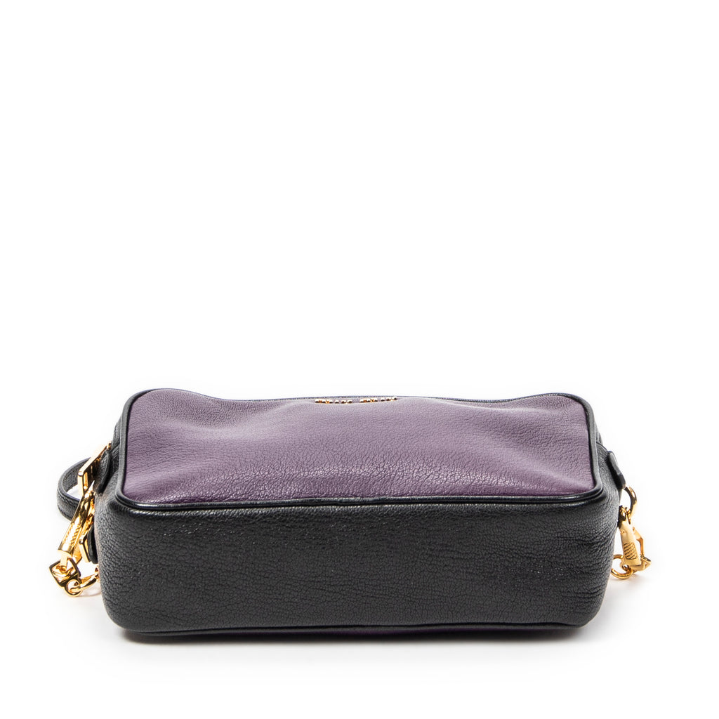 Shoulder Bag Bicolor Double Zip Camera Crossbody Purple Goatskin Leather