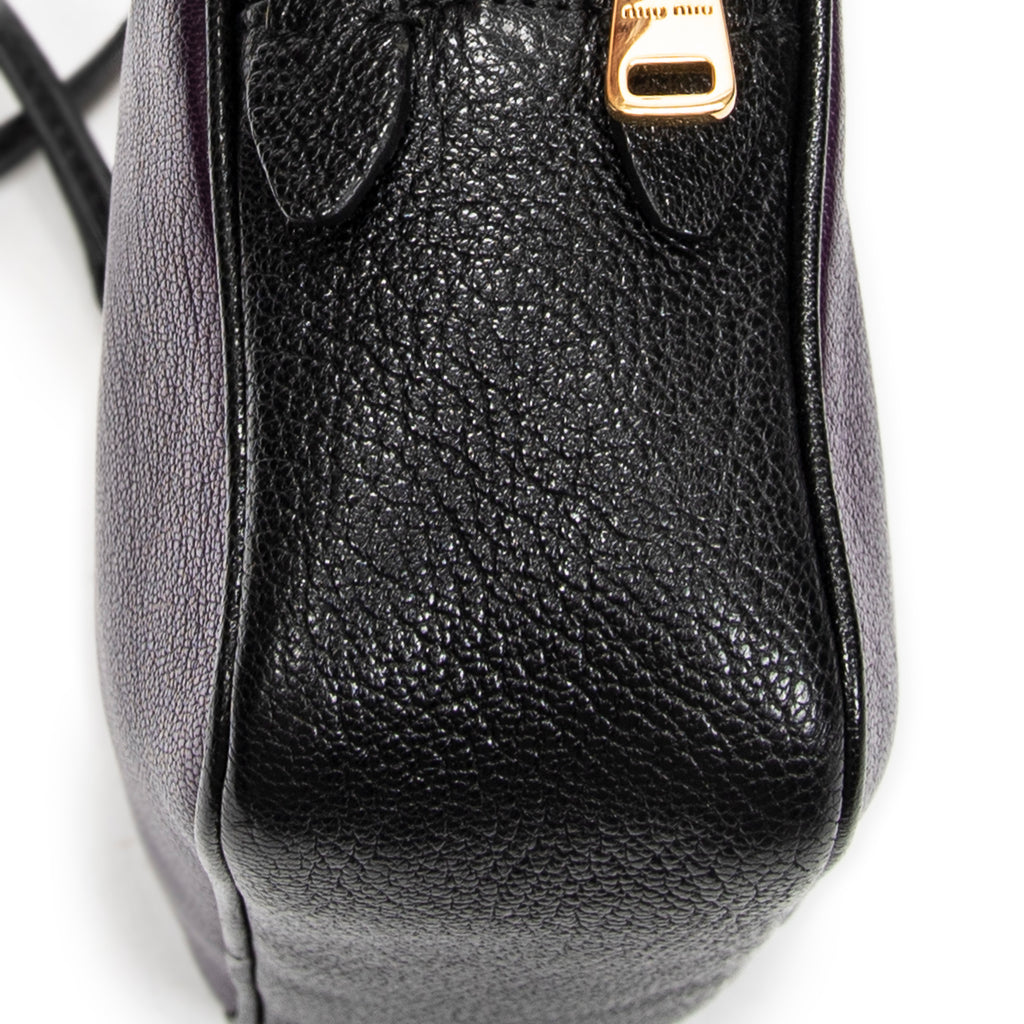 Shoulder Bag Bicolor Double Zip Camera Crossbody Purple Goatskin Leather