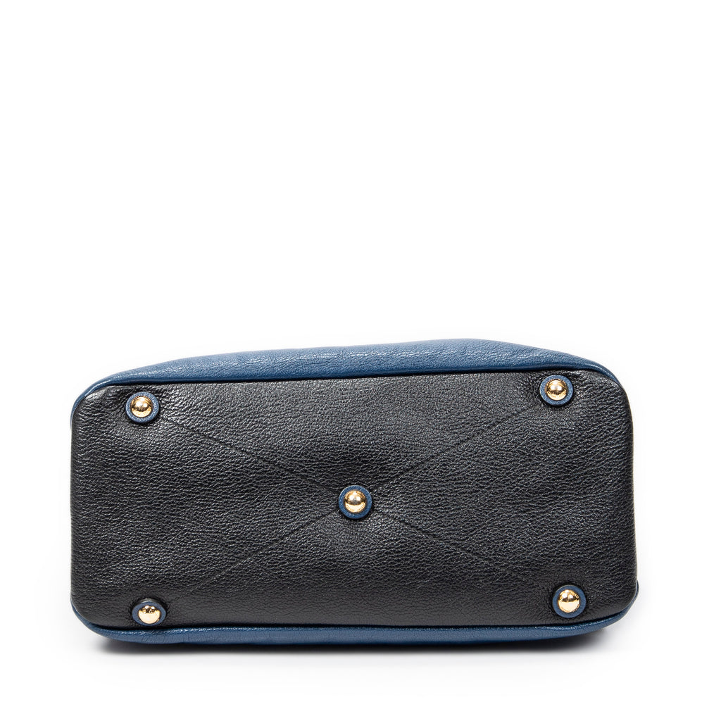 Sac porté épaule bicolore cabas convertible cuir de chèvre bleu