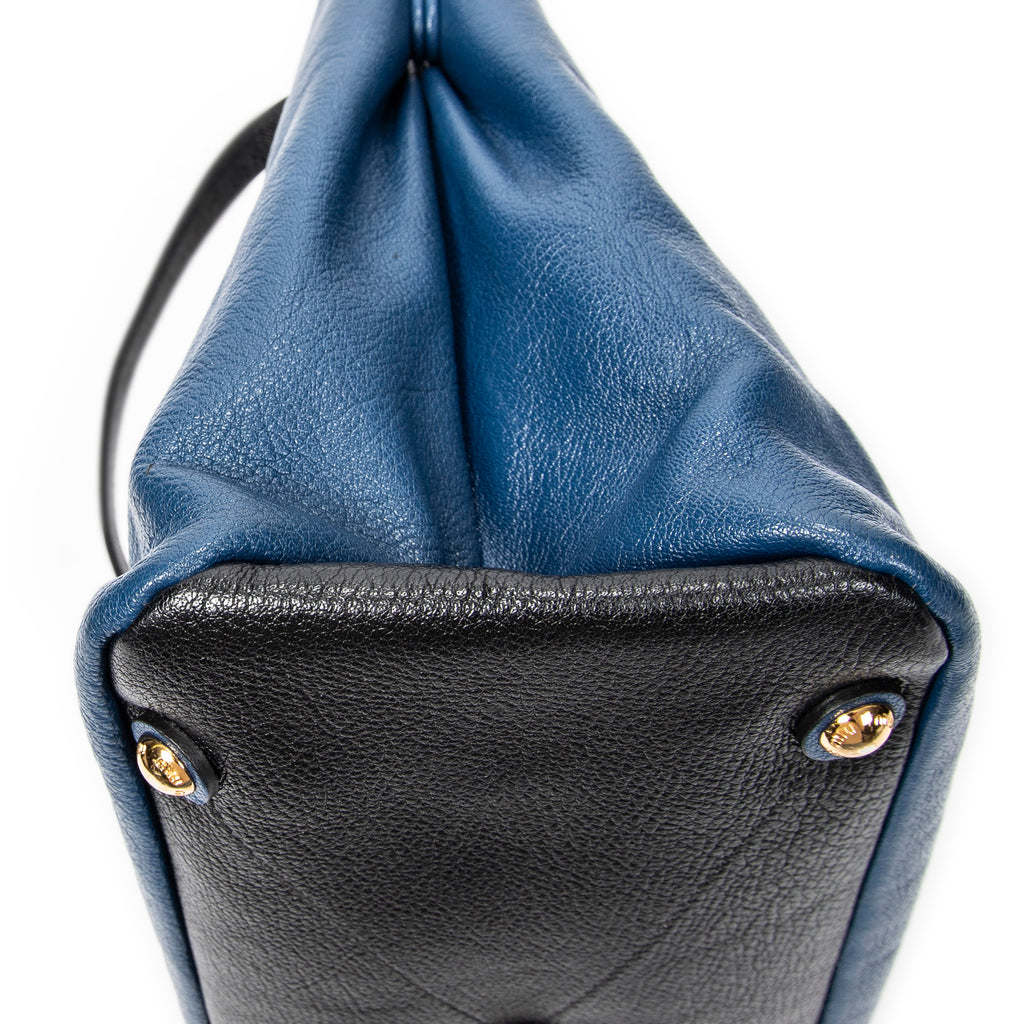 Sac porté épaule bicolore cabas convertible cuir de chèvre bleu