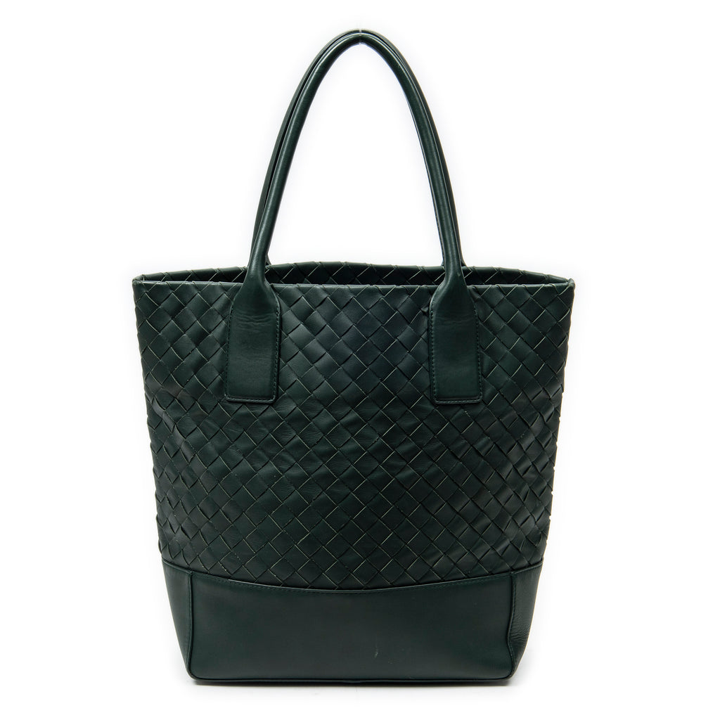Shoulder Bag Vertical Tote Green Trimmed Intrecciato Leather