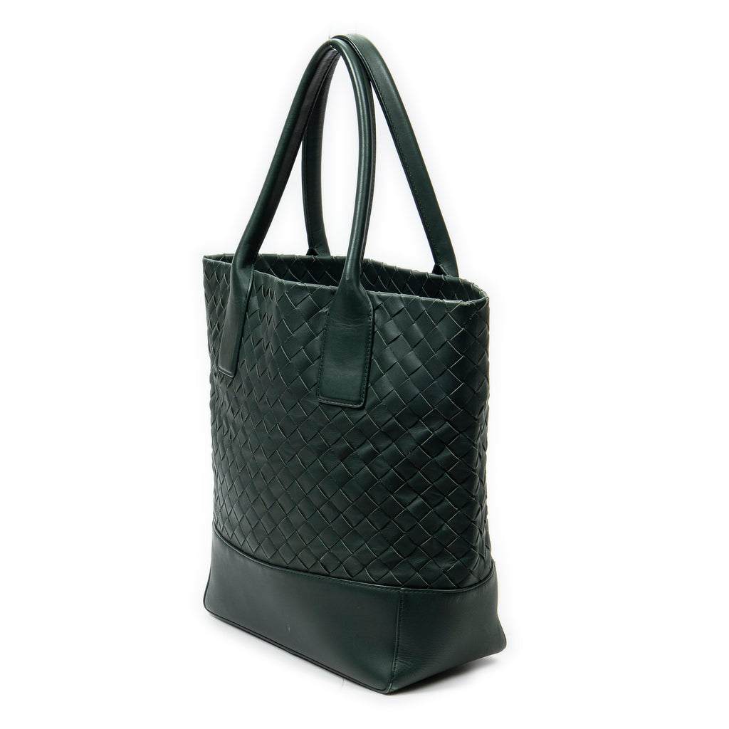 Shoulder Bag Vertical Tote Green Trimmed Intrecciato Leather