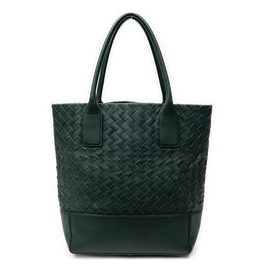 Shoulder Bag Vertical Tote Green Trimmed Intrecciato Leather