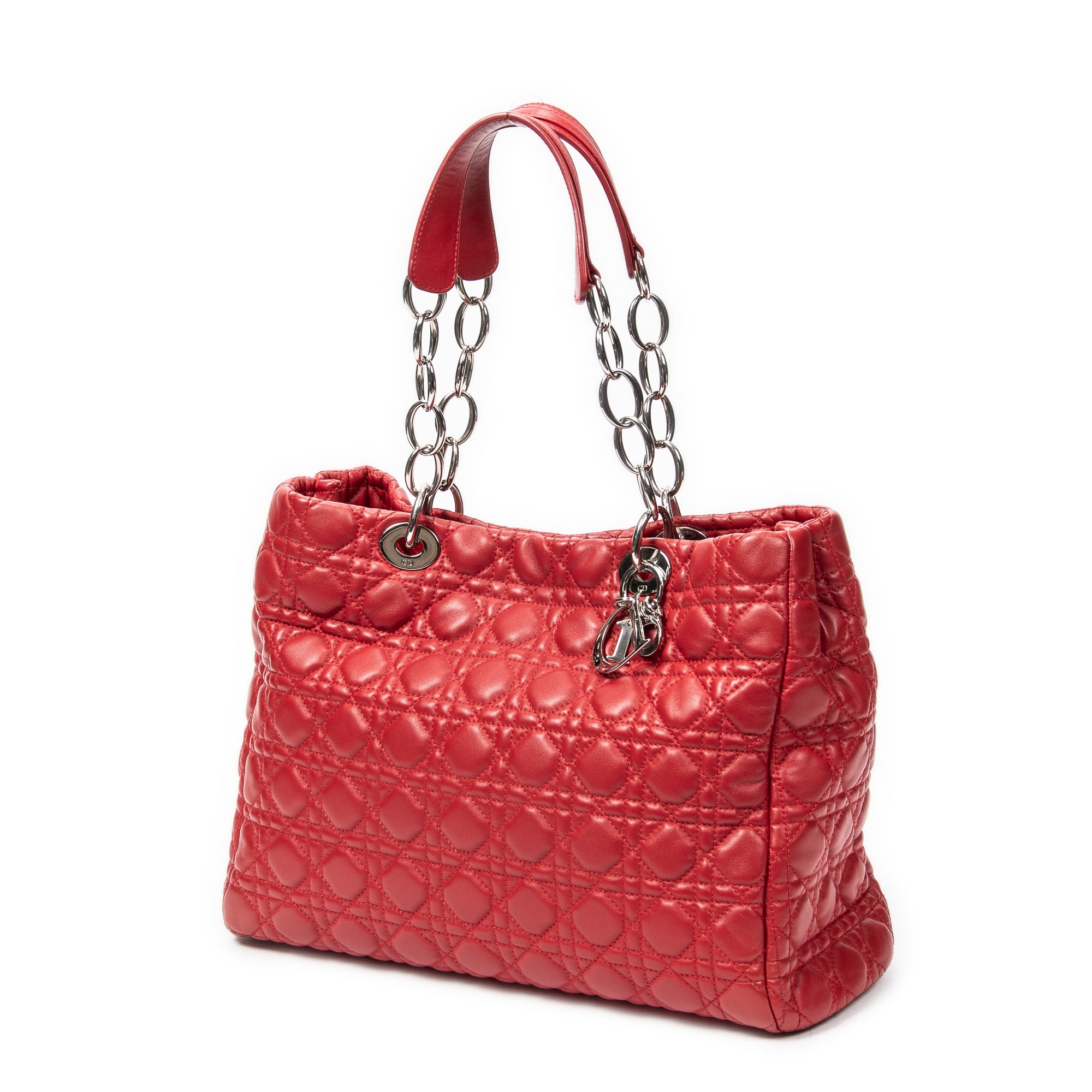 Shoulder Bag Soft Shopping Tote Red Cannage Lambskin Leather