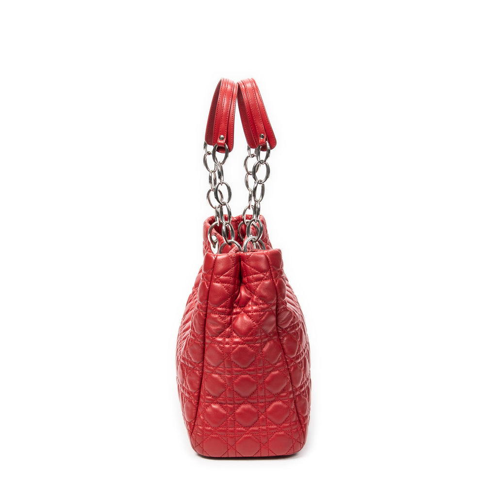 Shoulder Bag Soft Shopping Tote Red Cannage Lambskin Leather