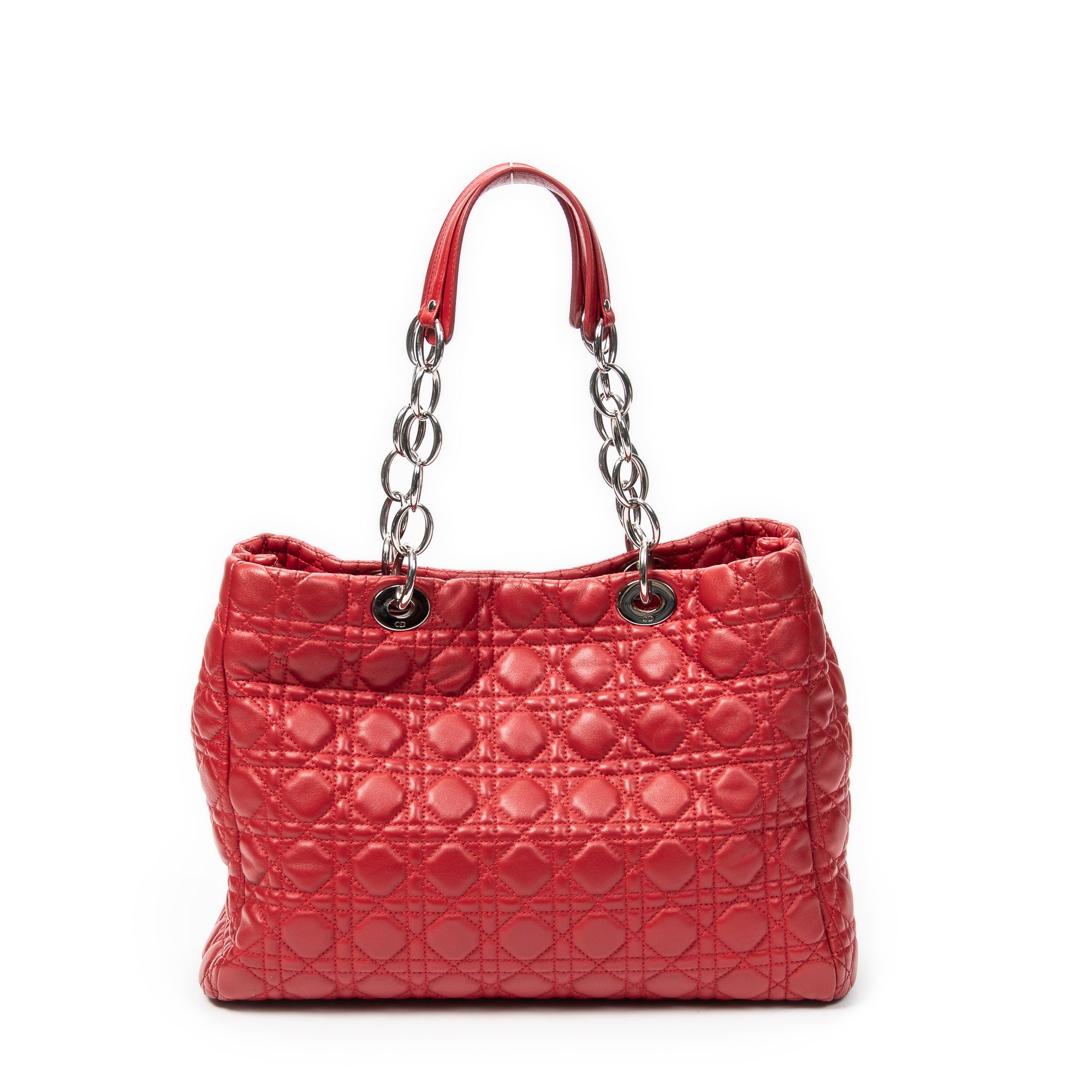 Shoulder Bag Soft Shopping Tote Red Cannage Lambskin Leather