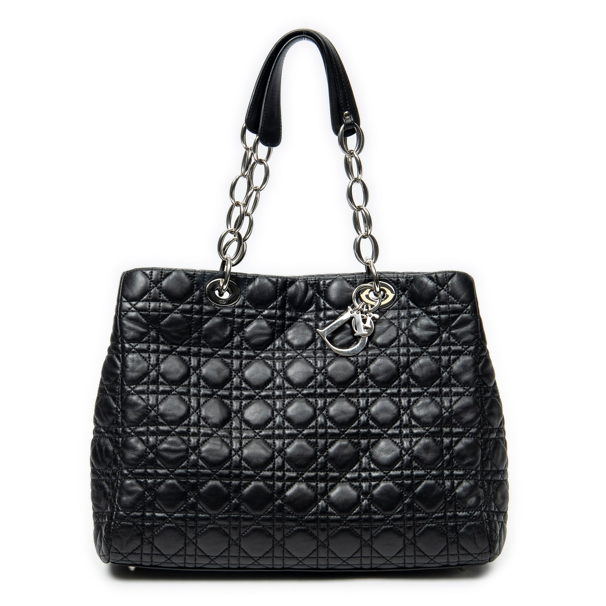 Shoulder Bag Soft Shopping Tote Black Cannage Lambskin Leather