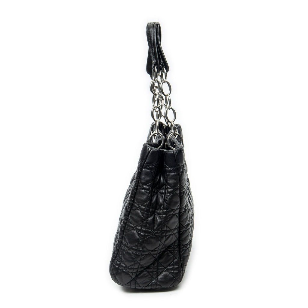 Shoulder Bag Soft Shopping Tote Black Cannage Lambskin Leather