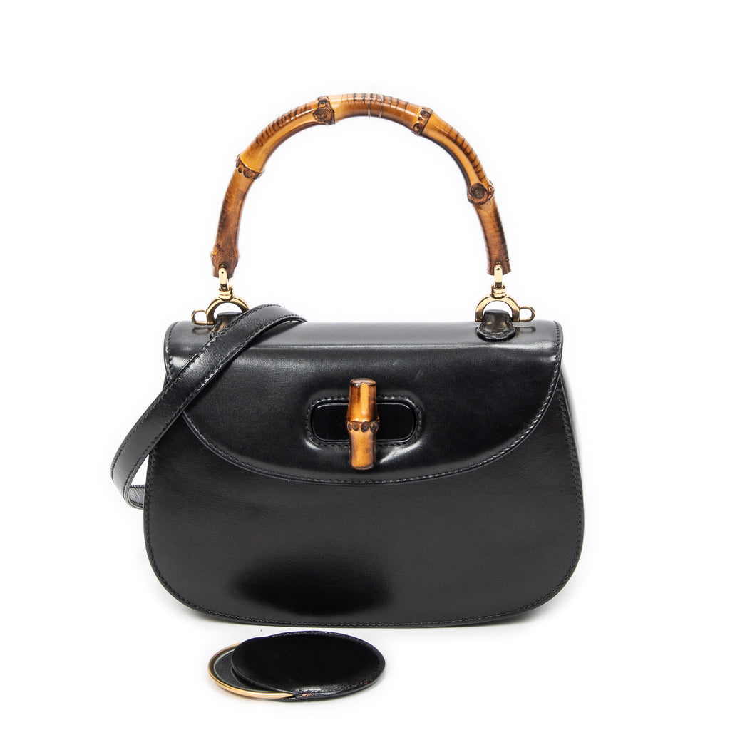 Shoulder Bag Small Bamboo Top Handle Flap Black Smooth Calfskin Leather