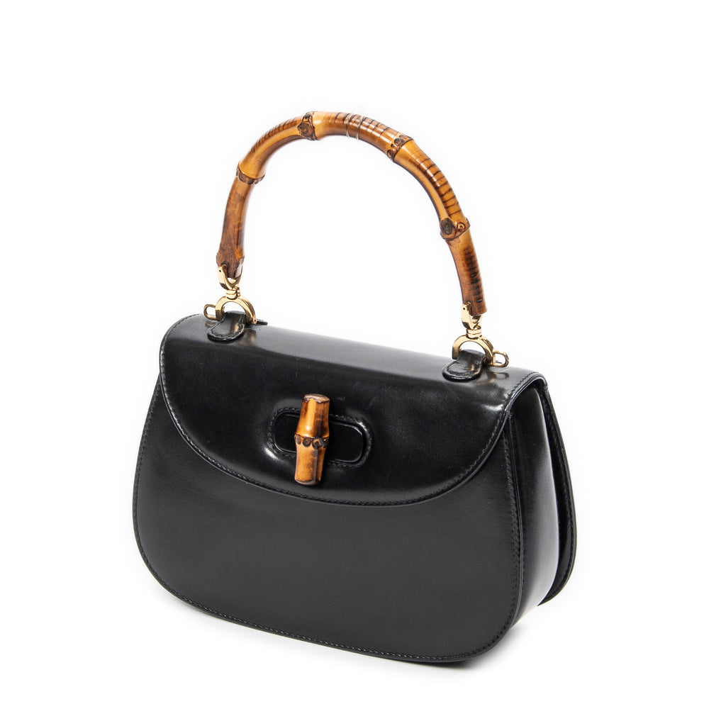Shoulder Bag Small Bamboo Top Handle Flap Black Smooth Calfskin Leather