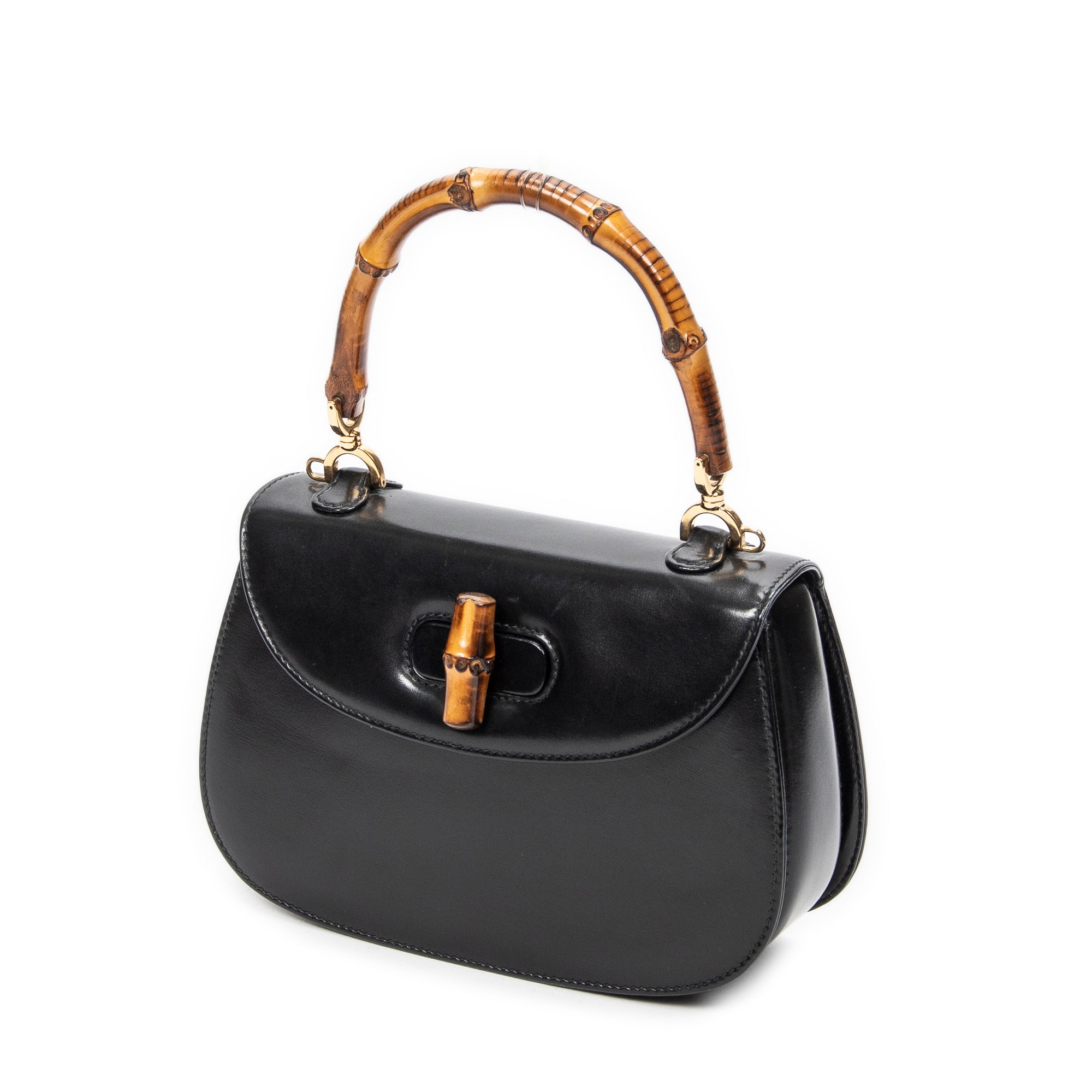 Shoulder Bag Small Bamboo Top Handle Flap Black Smooth Calfskin Leather