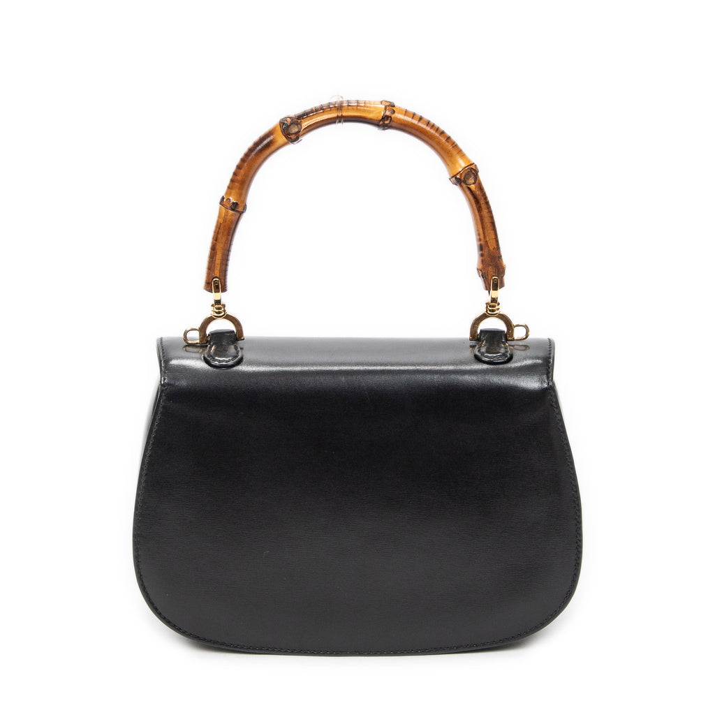 Shoulder Bag Small Bamboo Top Handle Flap Black Smooth Calfskin Leather