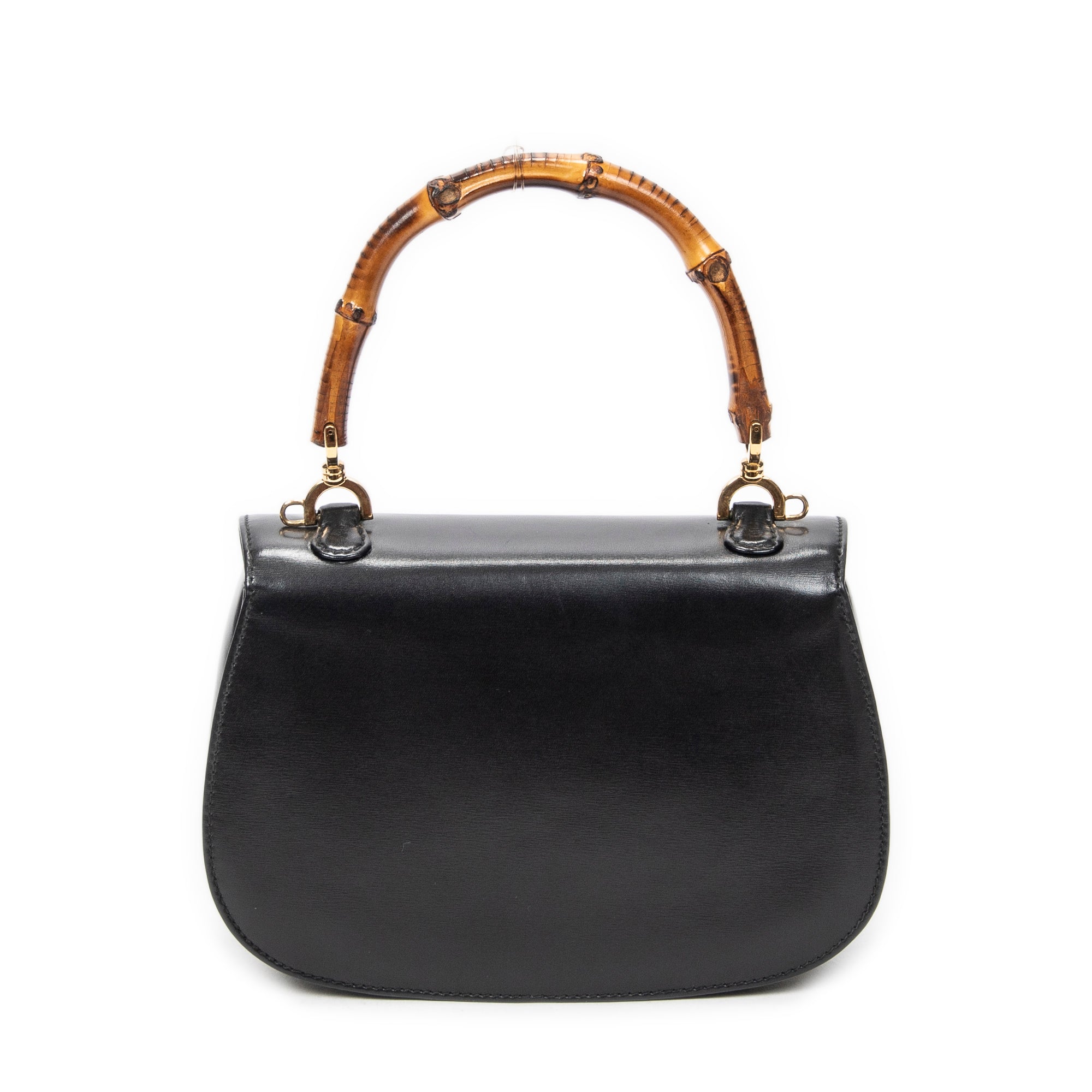 Shoulder Bag Small Bamboo Top Handle Flap Black Smooth Calfskin Leather