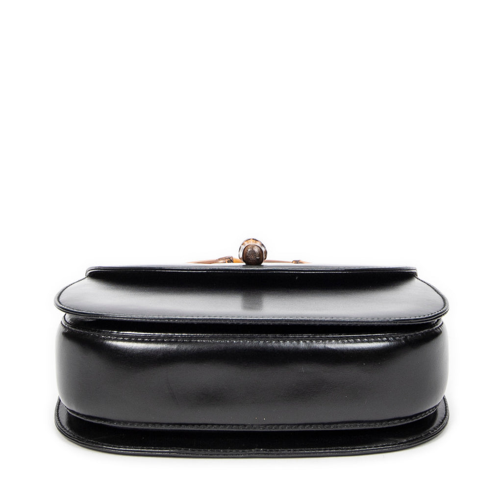 Shoulder Bag Small Bamboo Top Handle Flap Black Smooth Calfskin Leather