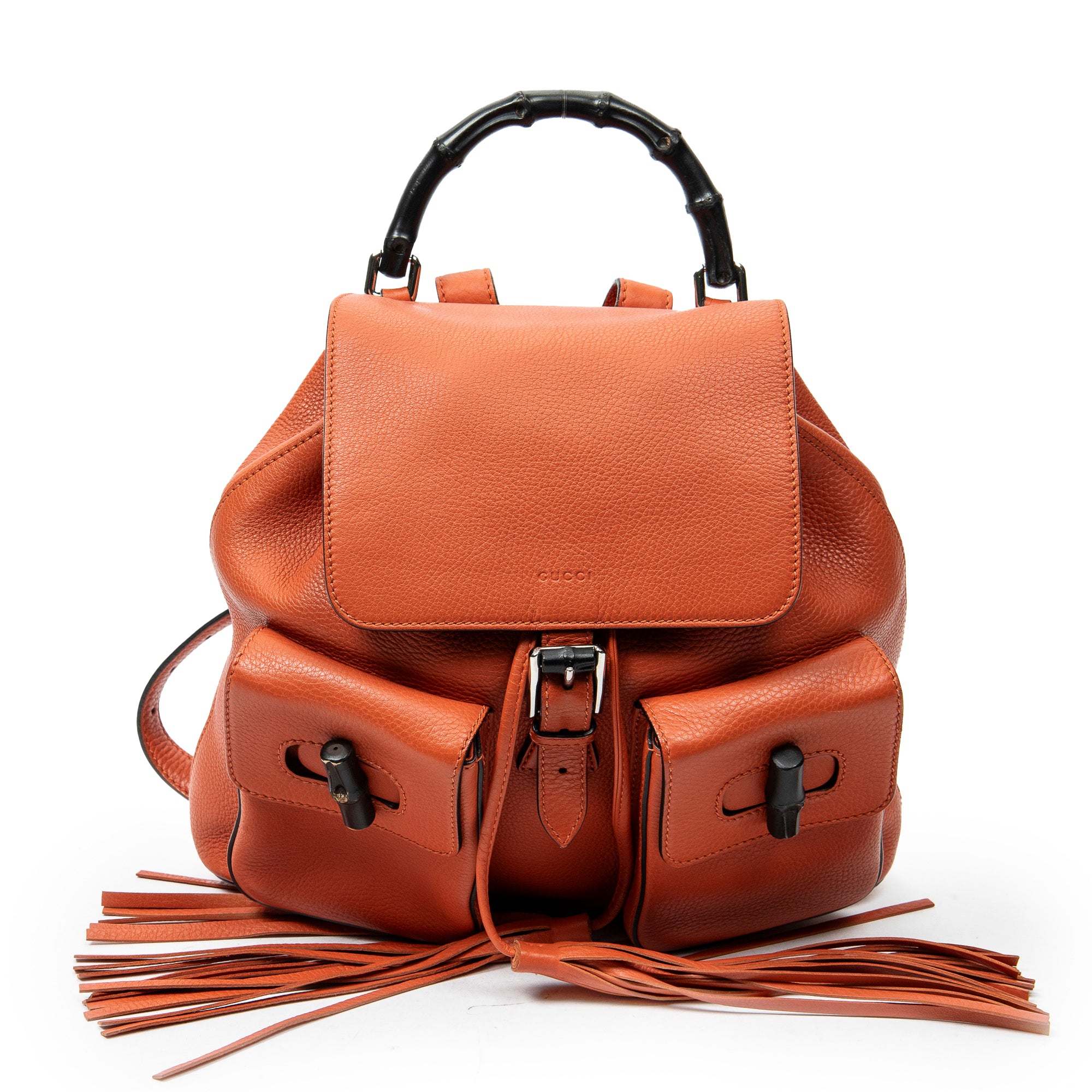 Backpack Medium Bamboo Tassel Backpack Orange Grained Calfskin Leather