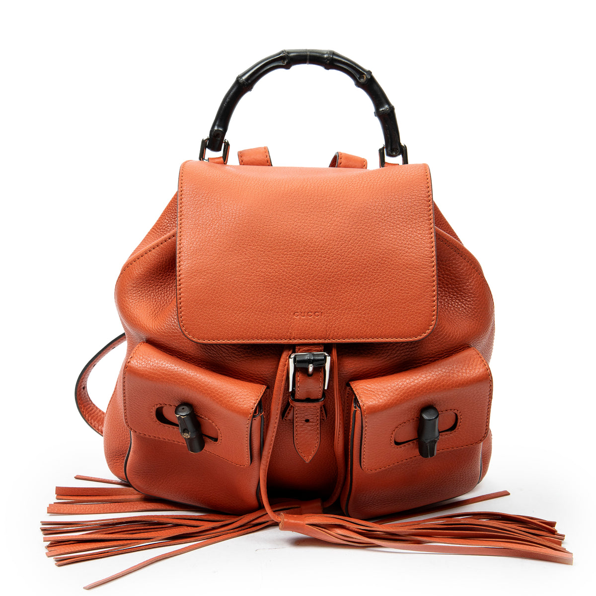 Backpack Medium Bamboo Tassel Backpack Orange Grained Calfskin Leather