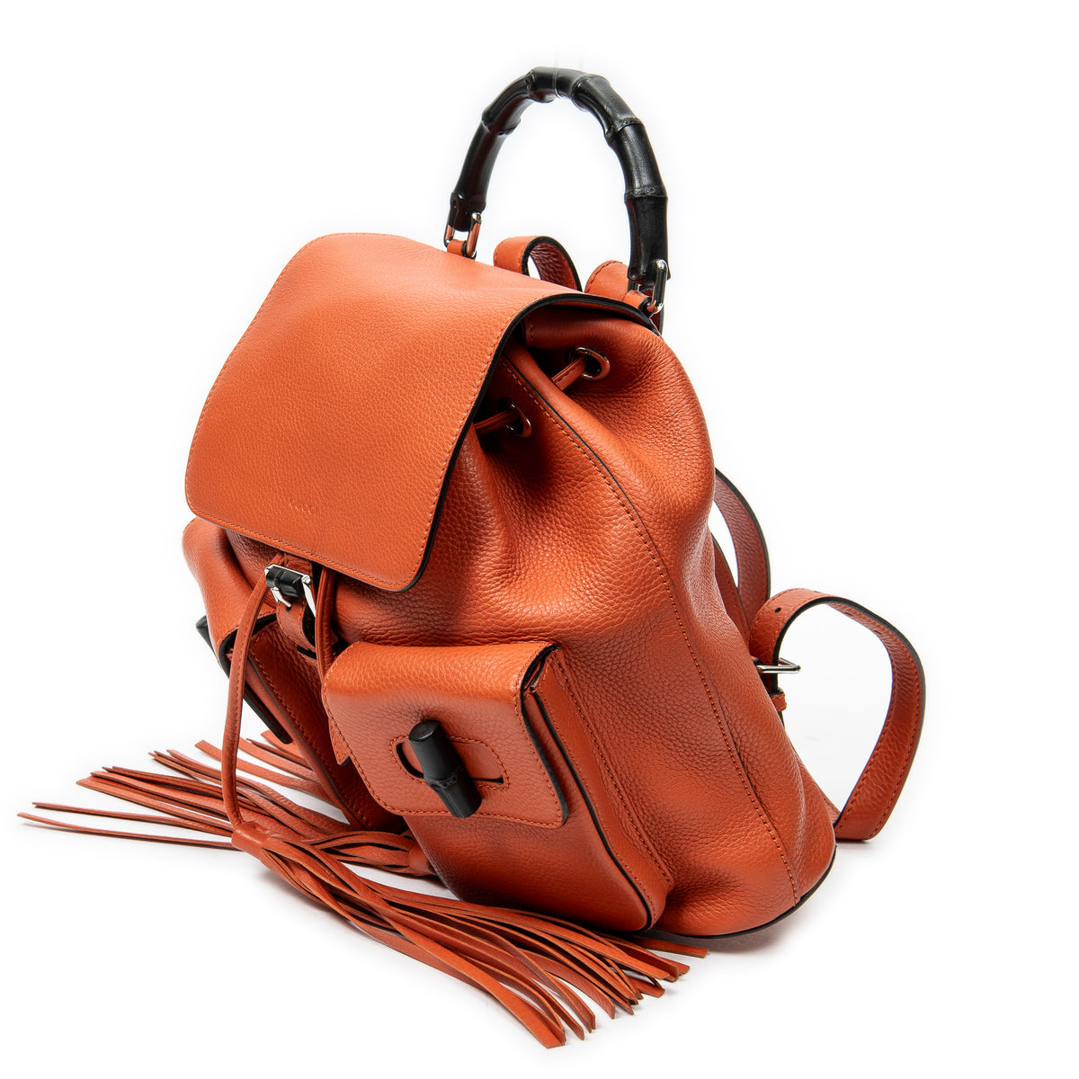 Backpack Medium Bamboo Tassel Backpack Orange Grained Calfskin Leather