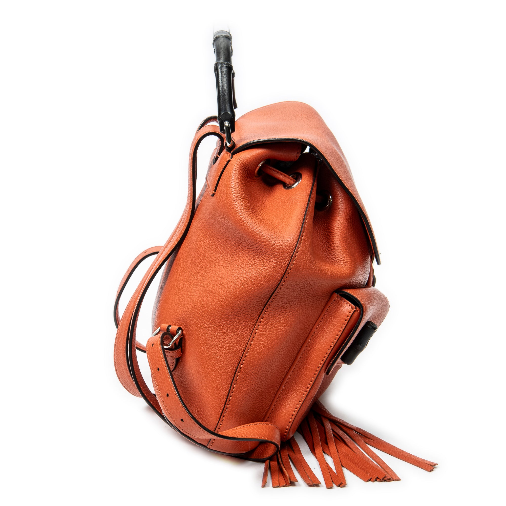 Backpack Medium Bamboo Tassel Backpack Orange Grained Calfskin Leather