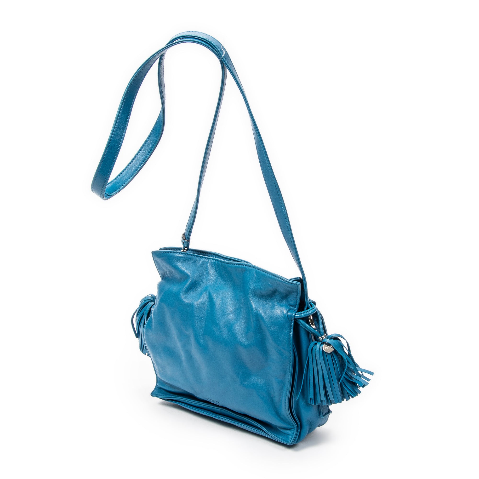 Shoulder Bag Small Tassel Flamenco Teal Calfskin Leather