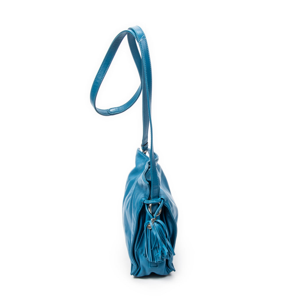 Shoulder Bag Small Tassel Flamenco Teal Calfskin Leather