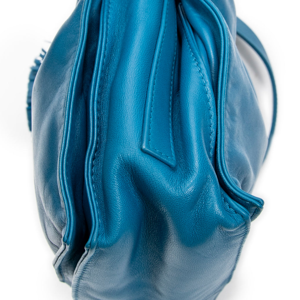 Shoulder Bag Small Tassel Flamenco Teal Calfskin Leather