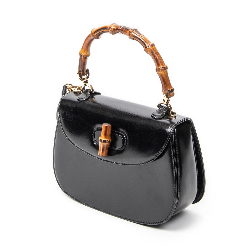 Shoulder Bag Small Bamboo Top Handle Flap Black Smooth Calfskin Leather