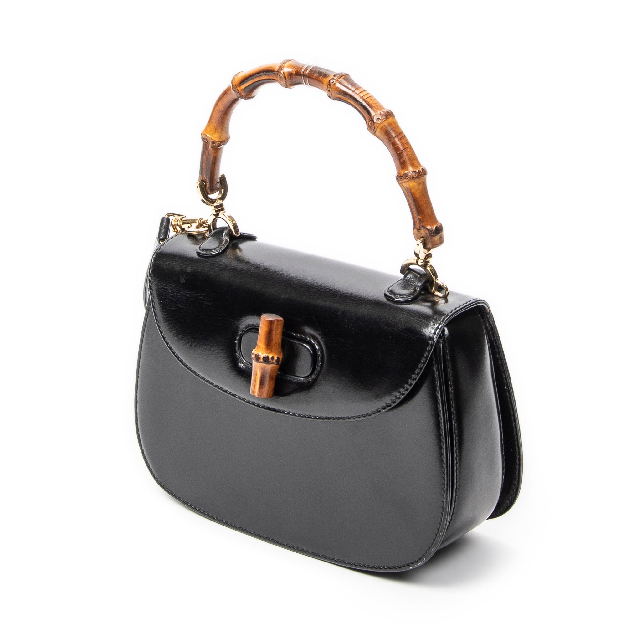 Shoulder Bag Small Bamboo Top Handle Flap Black Smooth Calfskin Leather