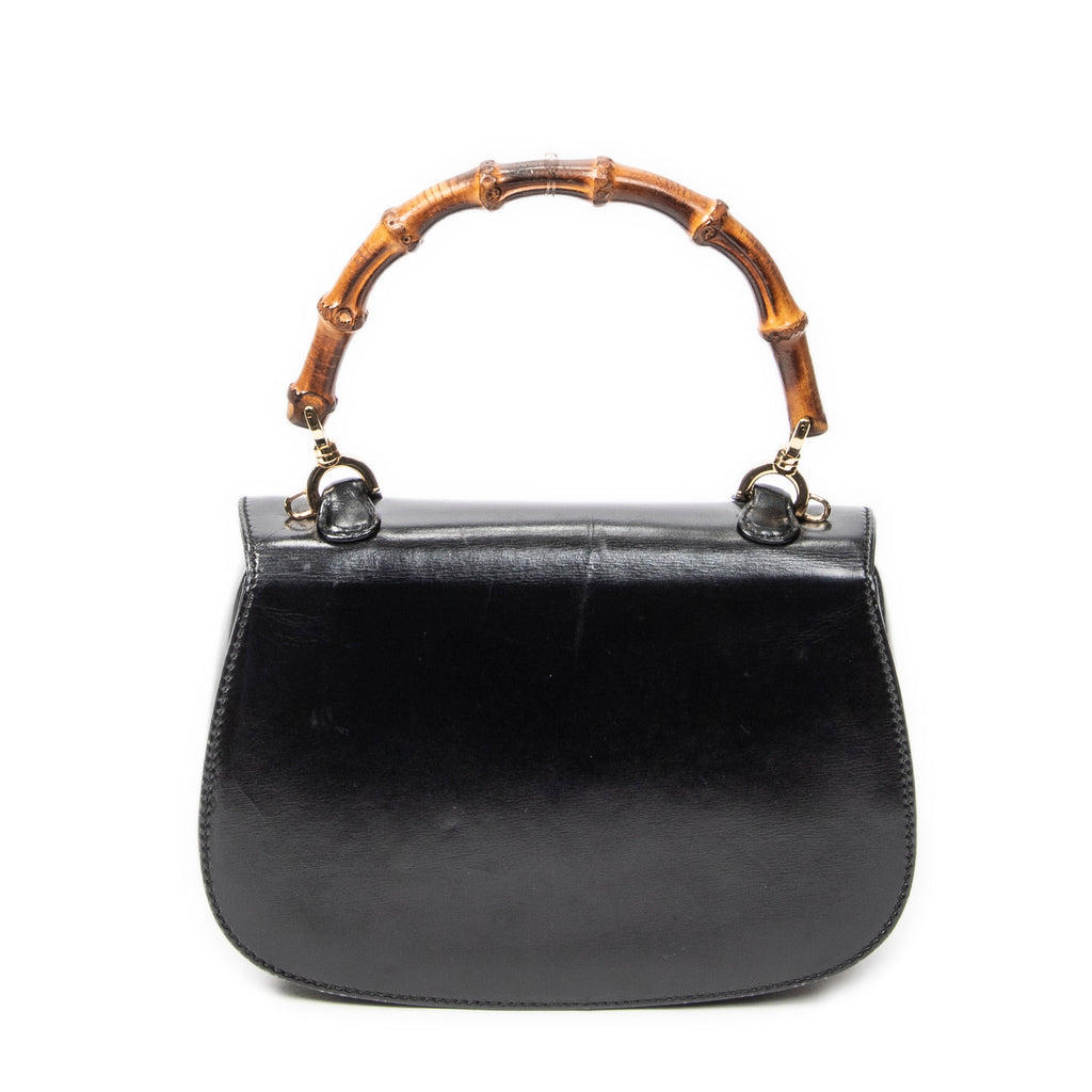 Shoulder Bag Small Bamboo Top Handle Flap Black Smooth Calfskin Leather