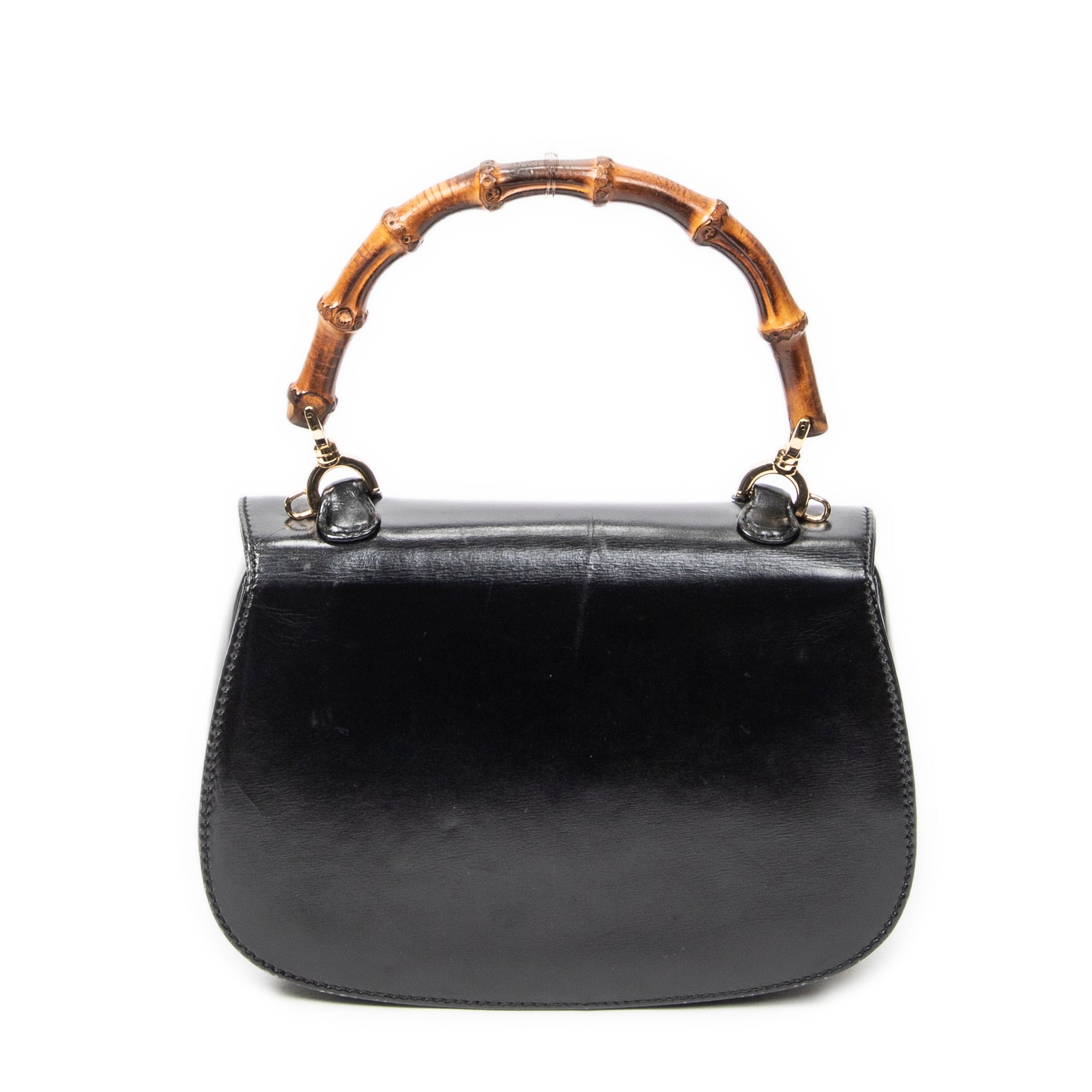 Shoulder Bag Small Bamboo Top Handle Flap Black Smooth Calfskin Leather