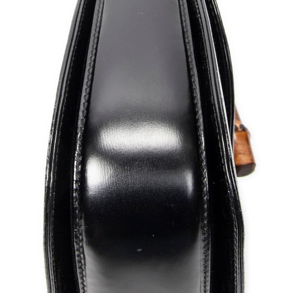Shoulder Bag Small Bamboo Top Handle Flap Black Smooth Calfskin Leather